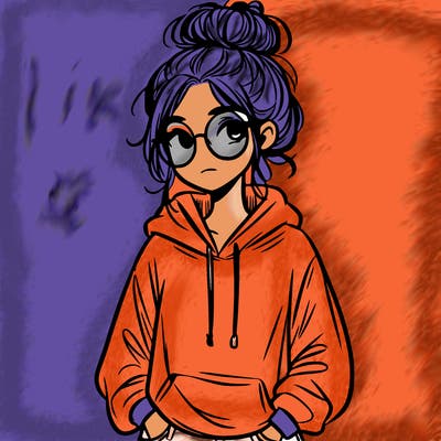 teen girl with a messy bun and glasses wearing a loose hoodie and jeans