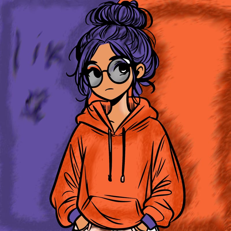 teen girl with a messy bun and glasses wearing a loose hoodie and jeans