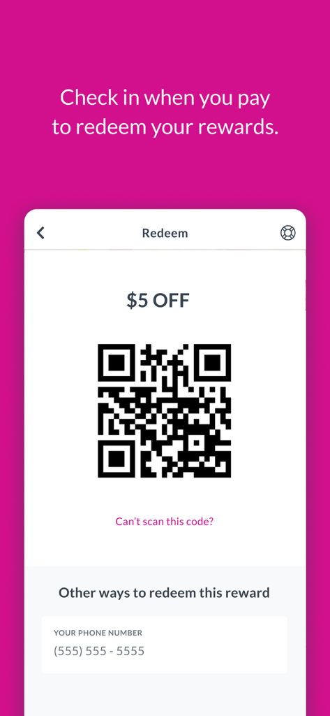 Menchies mobile app reward screen displaying a 5 dollar off coupon with a QR code for scanning