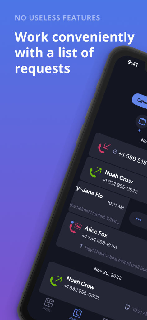 iPhone screen showing the MightyCall Classic app with a list of customer calls and communication requests
