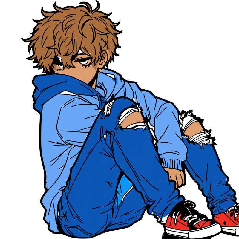a male hoddie ripped jeans messy hair anime