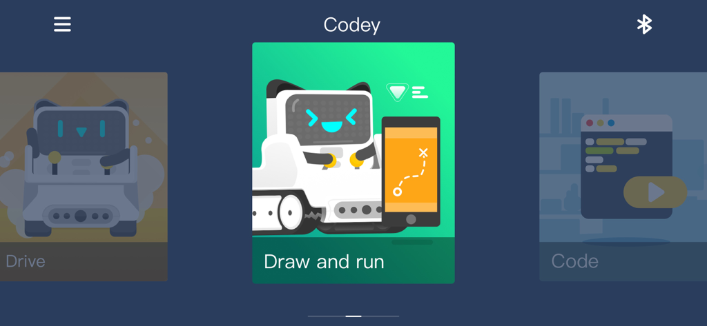 MakeblockアプリのCodeyロボット用メニュー。グラフィカルなイラストでDrawおよびRunモードが表示されています。
