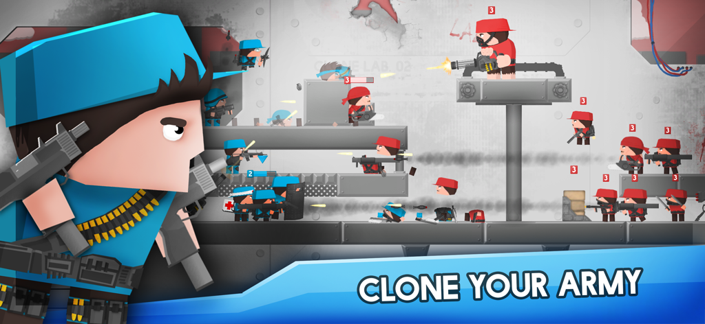 Clone Armies - Tactical Game - Blaue Klon-Soldaten kämpfen gegen rote Feinde in einem taktischen 2D-Shooter-Level