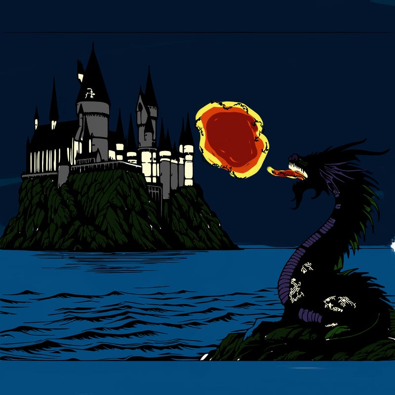 realistic harry potter castle around the ocean with a dragon breathing fire