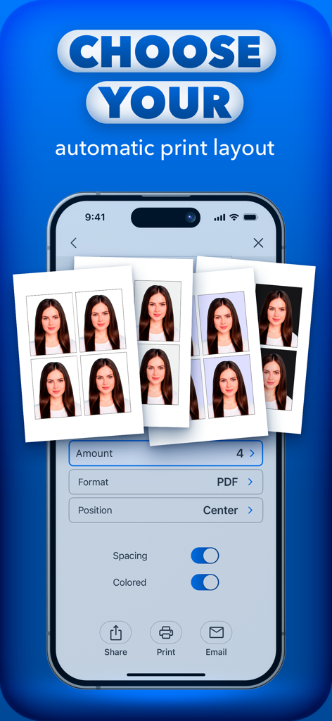 Interface for choosing automatic print layouts for passport ID photos