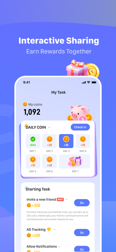 WalkCash - rewards&earn&coin - Interfaz de la aplicación WalkCash mostrando recompensas de registro diario y tareas para ganar monedas