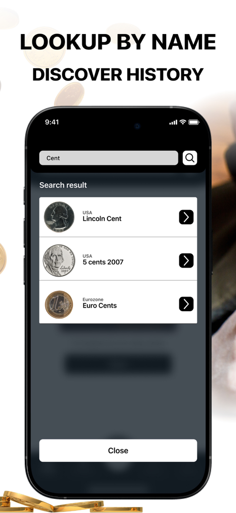 ValueCoin: Coin Identifier App - ValueCoin app screen showing search results for coins by name to discover history.
