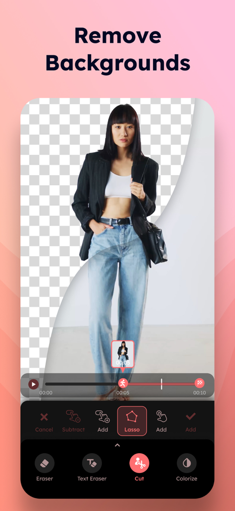 Una captura de pantalla que demuestra la función de eliminación de fondo en la aplicación de edición de video CutVibe con una mujer como sujeto.