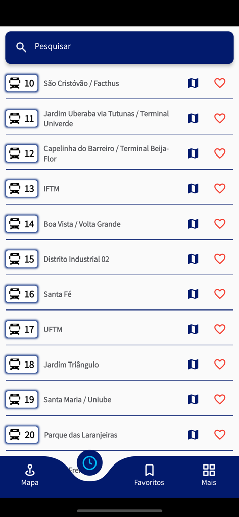 BusU - Interfaz de la aplicación BusU mostrando una lista de rutas de autobús disponibles en Uberaba