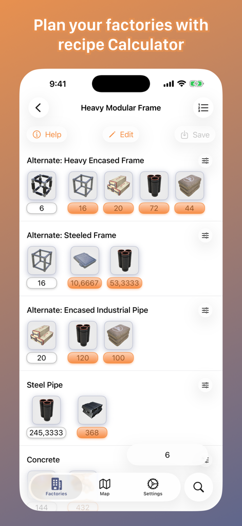Satisfactory Helper - Satisfactory Helper app interface showing a recipe calculator for industrial building parts