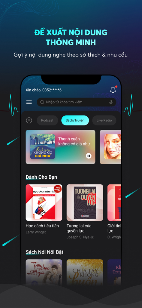 Mydio - Audiobook, truyện đọc - Mydio mobile app interface showing personalized Vietnamese audiobook recommendations