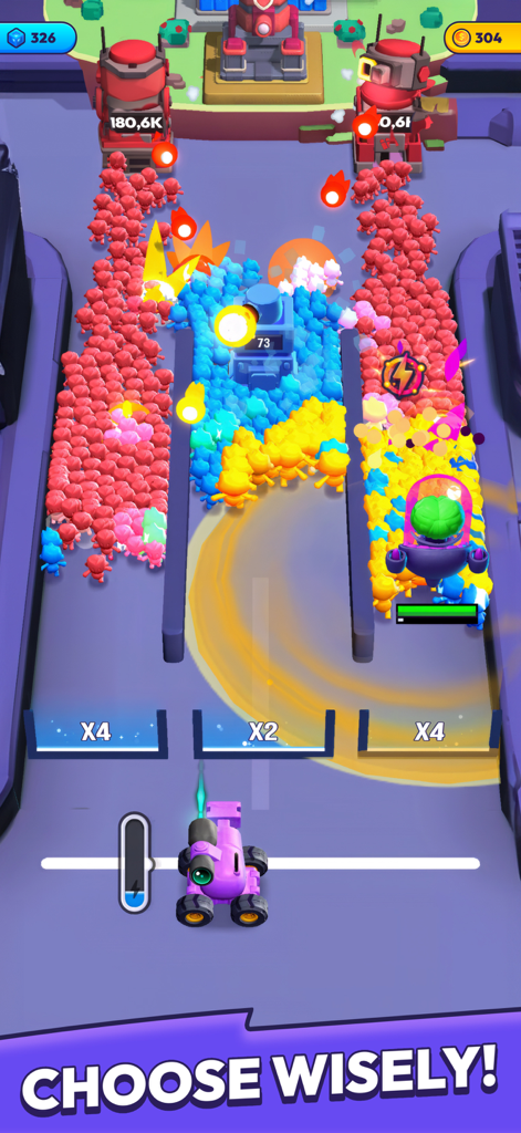 Jugabilidad de Mob Control mostrando un cañón disparando turbas a través de puertas multiplicadoras hacia torres enemigas