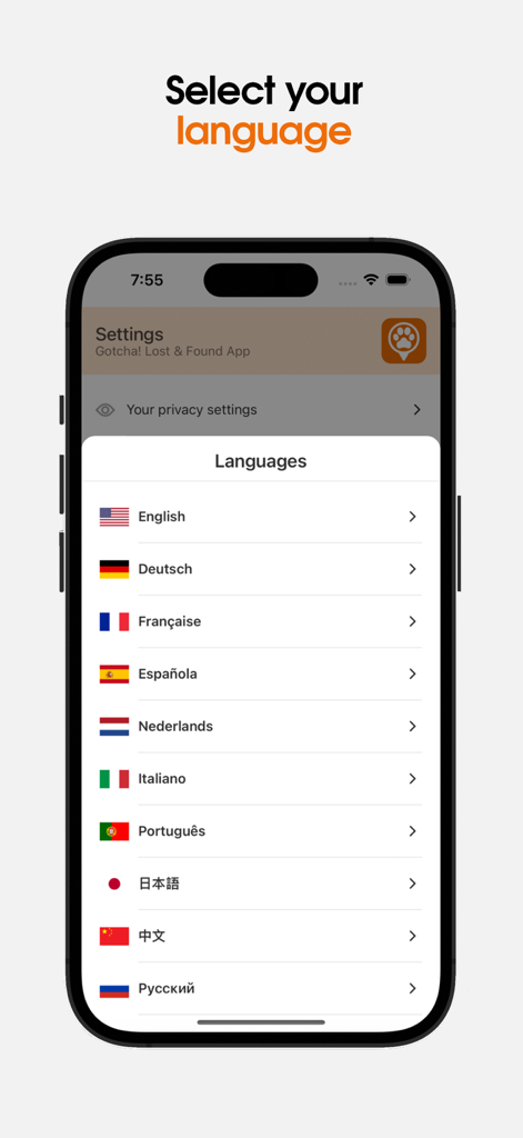 Gotcha! Lost & Found App - A mobile screen showing the language selection menu in the Gotcha! Lost and Found App with various flags and language options