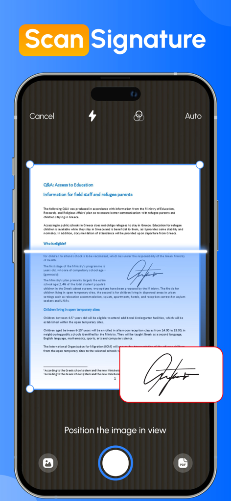Smartphone screen using the camera to scan a handwritten signature from a paper document