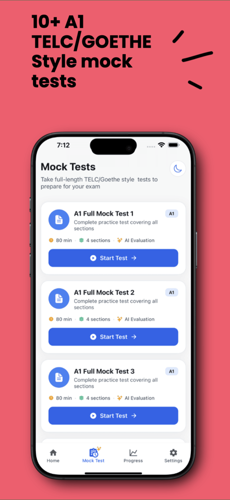German A1 Exam: Goethe & telc - Screen displaying multiple full length A1 German mock tests for Goethe and telc exams with AI evaluation