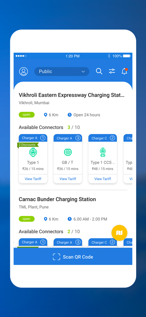 Tata Power EZ Charge - Mobile App-Benutzeroberfläche von Tata Power EZ Charge, die eine Liste von Ladestationen für Elektrofahrzeuge mit verfügbaren Steckern und Preisen anzeigt.