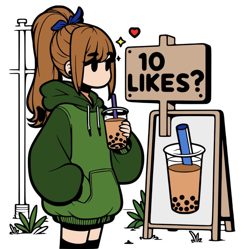 girl with oversized hoodie drinking boba and she has a high ponytail with a sign that says 10likes?