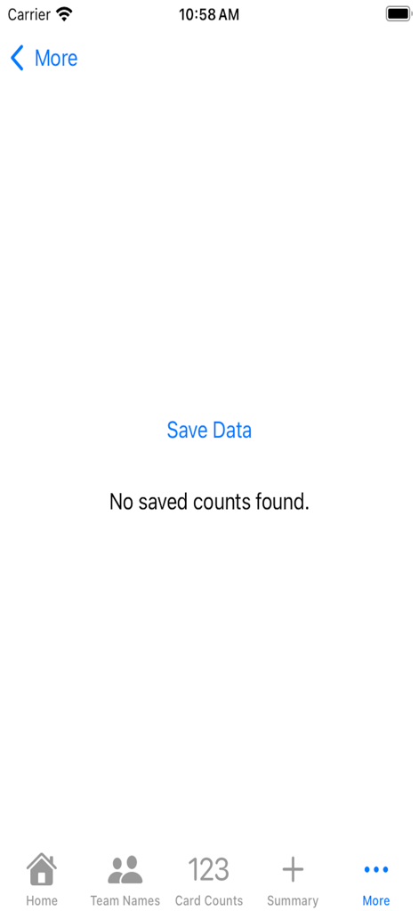 Super Samba Scoring - Pantalla de Guardar Datos de la aplicación Super Samba Scoring que muestra que no hay recuentos guardados