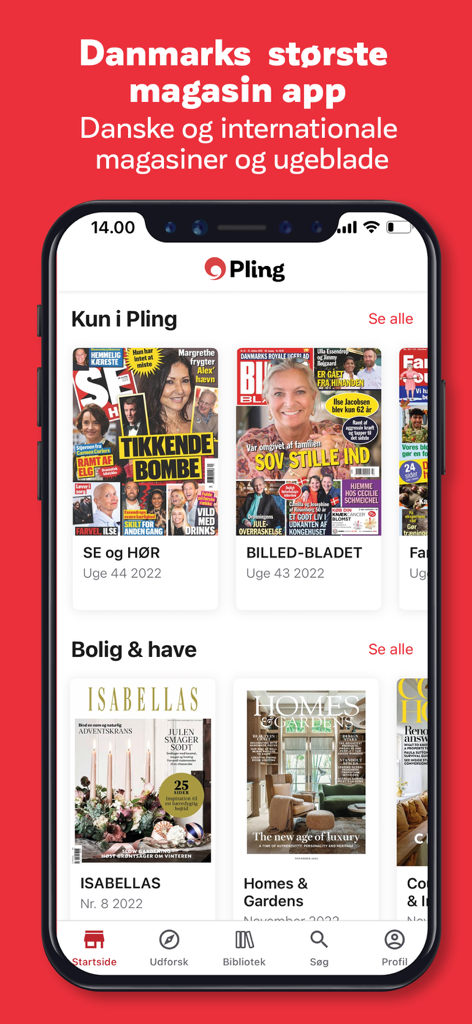 Interfaz de la app Pling mostrando varias portadas de revistas digitales para el hogar y el estilo de vida.