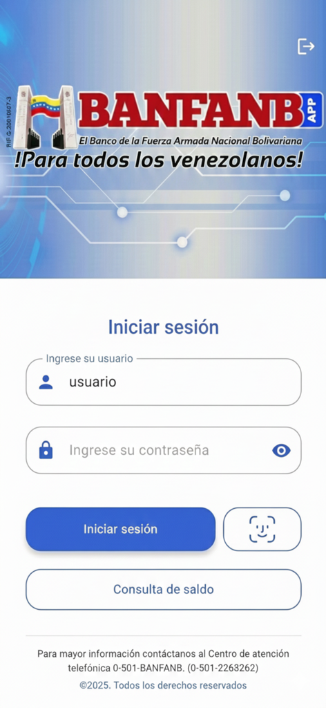 BANFANB APP - Login screen of the BANFANB mobile banking application featuring username and password entry fields in Spanish