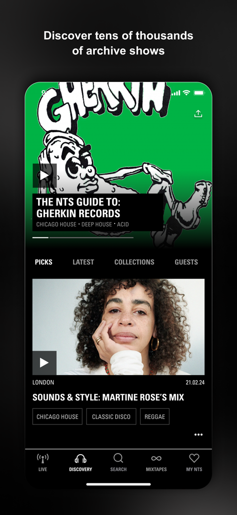 NTS Radio app Discovery tab displaying archived shows and curated music mixes.