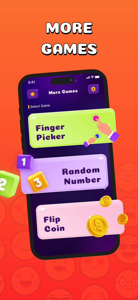 Truth Or Dare - Party Games - The More Games screen of the Truth Or Dare app showing Finger Picker and Random Number options