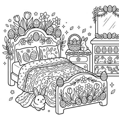 Step into a charming Easter-themed bedroom, brimming with delightful spring decorations ready for your artistic touch. This intricate coloring page features cozy furniture adorned with bunnies, decorated eggs, and beautiful blossoms, perfect for celebrating the season.