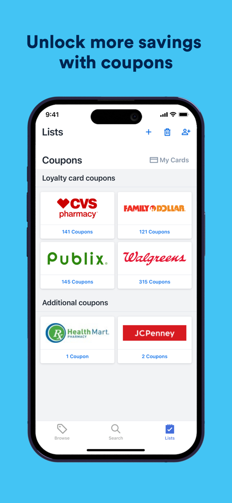 Captura de pantalla de la aplicación Flipp mostrando cupones digitales para varios minoristas como CVS Walgreens y Publix