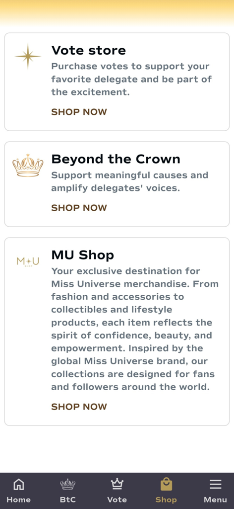 Miss Universe mobile app shop page featuring options for the vote store beyond the crown and official merchandise