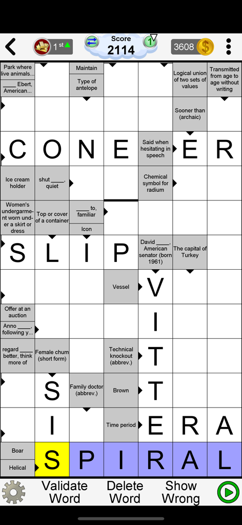 Arrow Crossword & Other Games - A gameplay screenshot of an arrow crossword puzzle showing clues and filled-in words on a mobile interface.