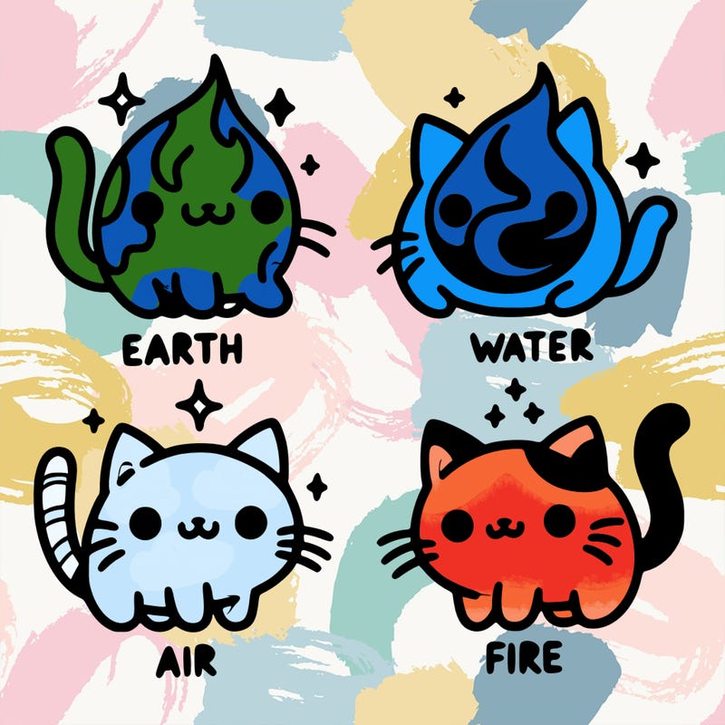 4 cats that represent the different elements, earth, water, air, and fire