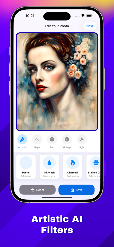 AI PhotoShot Magic - Interfaz de la app AI PhotoShot Magic mostrando filtros IA artísticos en un retrato