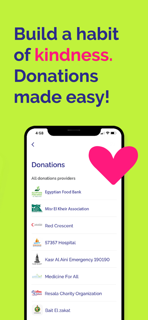 Elenco di fornitori di donazioni di beneficenza sulla schermata dell'app di pagamenti mobili Flash