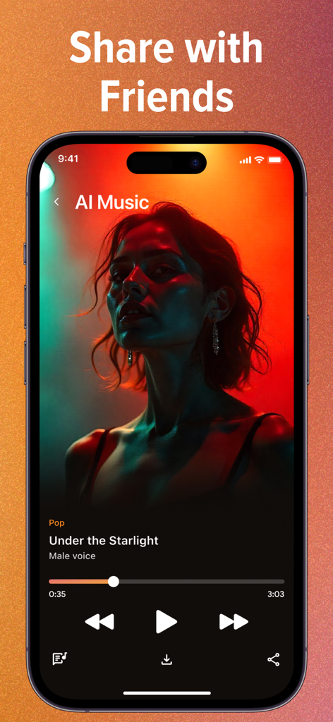 AI Music & Song Generator * - Music player interface of the AI Music app with a prompt to share songs with friends