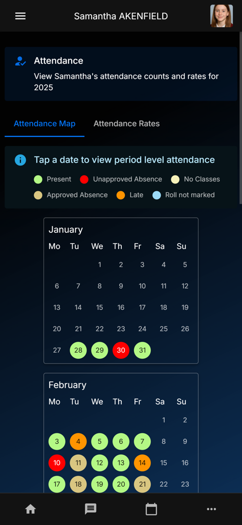 Daymap Companion - Mobile screen of the Daymap Companion app showing a color coded student attendance calendar for January and February