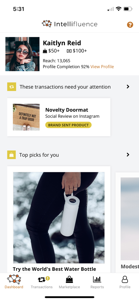 Intellifluence - Intellifluence app dashboard showing influencer profile statistics and campaign marketplace picks