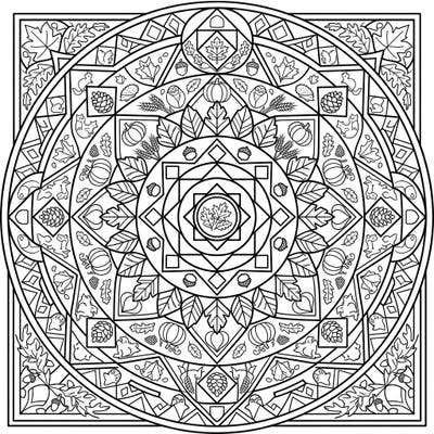 Celebrate the vibrant spirit of autumn with this stunning geometric mandala. Its intricate patterns are beautifully intertwined with fall leaves, pumpkins, and charming woodland creatures, offering a unique coloring experience.