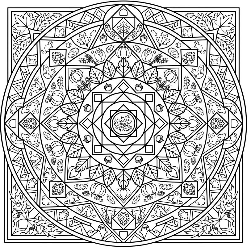 Celebrate the vibrant spirit of autumn with this stunning geometric mandala. Its intricate patterns are beautifully intertwined with fall leaves, pumpkins, and charming woodland creatures, offering a unique coloring experience.