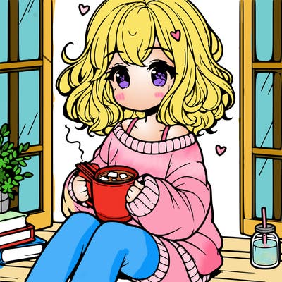 cute anime girl reading book and drinking hot chocolate from mug with loose wavy hair wearing a baggy sweatshirt and shorts sitting by windowsill looking out