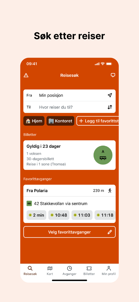 Svipper - Svipper app interface displaying a travel search screen with options to plan routes and view active bus tickets in Norway