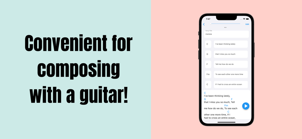 Guitar Chord & Lyrics Note App - iPhone affichant des accords de guitare et des paroles dans une application d'écriture de chansons.