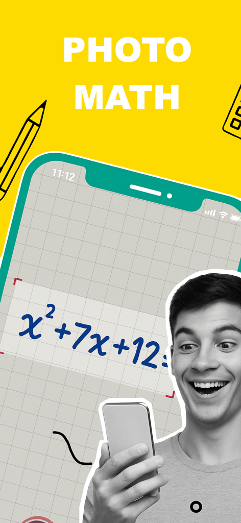 Un estudiante feliz usando la aplicación MathBox para resolver una ecuación matemática en su teléfono