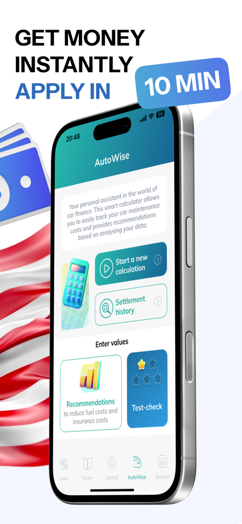AutoWise 車のファイナンスインターフェースが表示されたスマートフォンの画面。メンテナンス費用を追跡し、車両費用を計算するためのツールが含まれています。