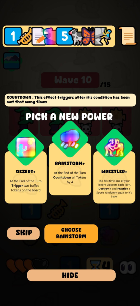 Merge Maestro - A screen in Merge Maestro where players pick a new power-up from three emoji-themed cards Desert Rainstorm and Wrestler