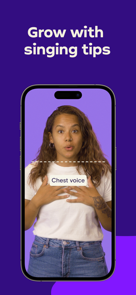 Simply Sing: My Singing App - Simply Sing app interface showing a video lesson on chest voice vocal technique with the text Grow with singing tips.