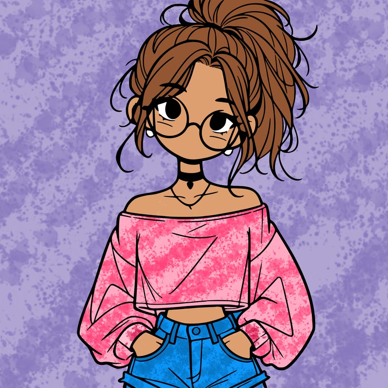 girl with a messy ponytail glasses a baggy crop top and jean shorts
