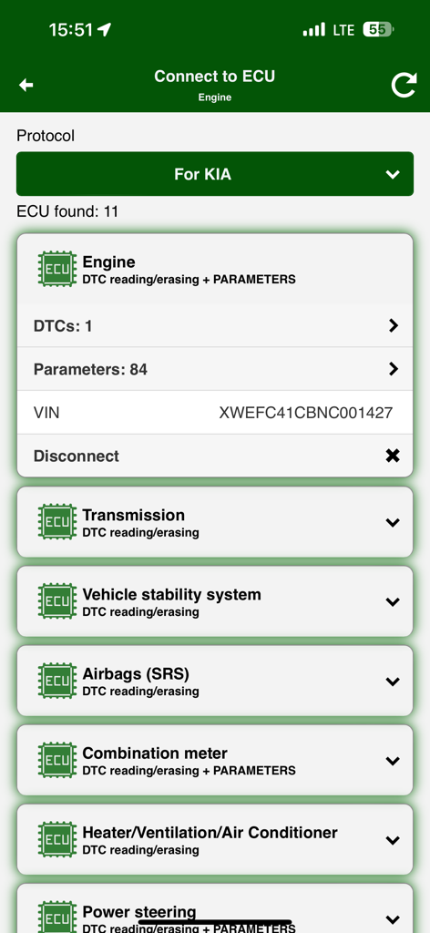 MotorData OBD ELM car scanner - MotorData OBD app interface showing diagnostic scan results for a KIA vehicle