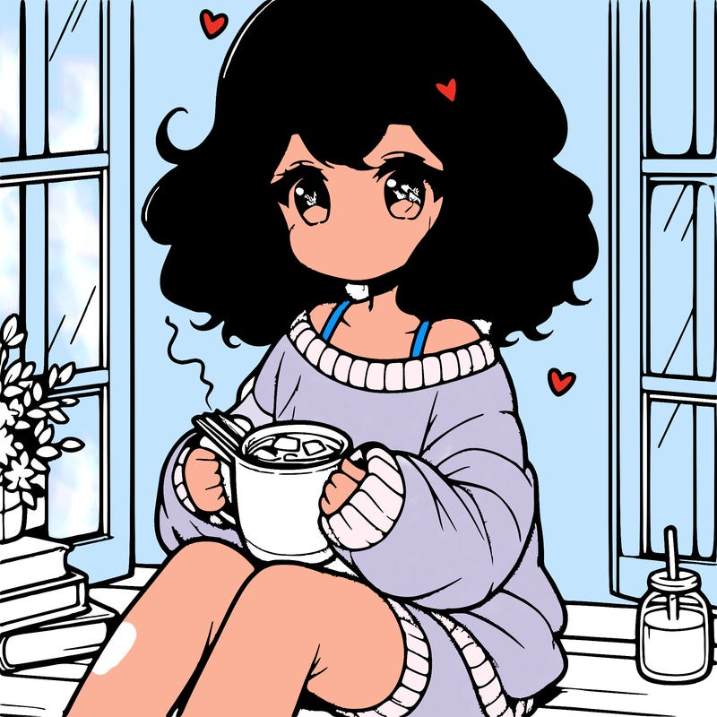 cute anime girl reading book and drinking hot chocolate from mug with loose wavy hair wearing a baggy sweatshirt and shorts sitting by windowsill looking out