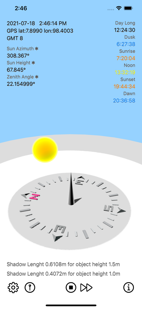 Sun Calculator app interface showing 3D sun position, azimuth, zenith angle, and shadow length data