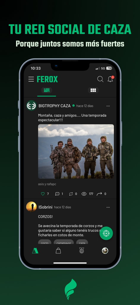 Ferox - Your Hunting App - Interfaz de la aplicación Ferox mostrando un feed de redes sociales para cazadores